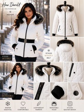 How Dare U White Quilted Puffer Jacket Medium Faux Fur Hood Belted Coat